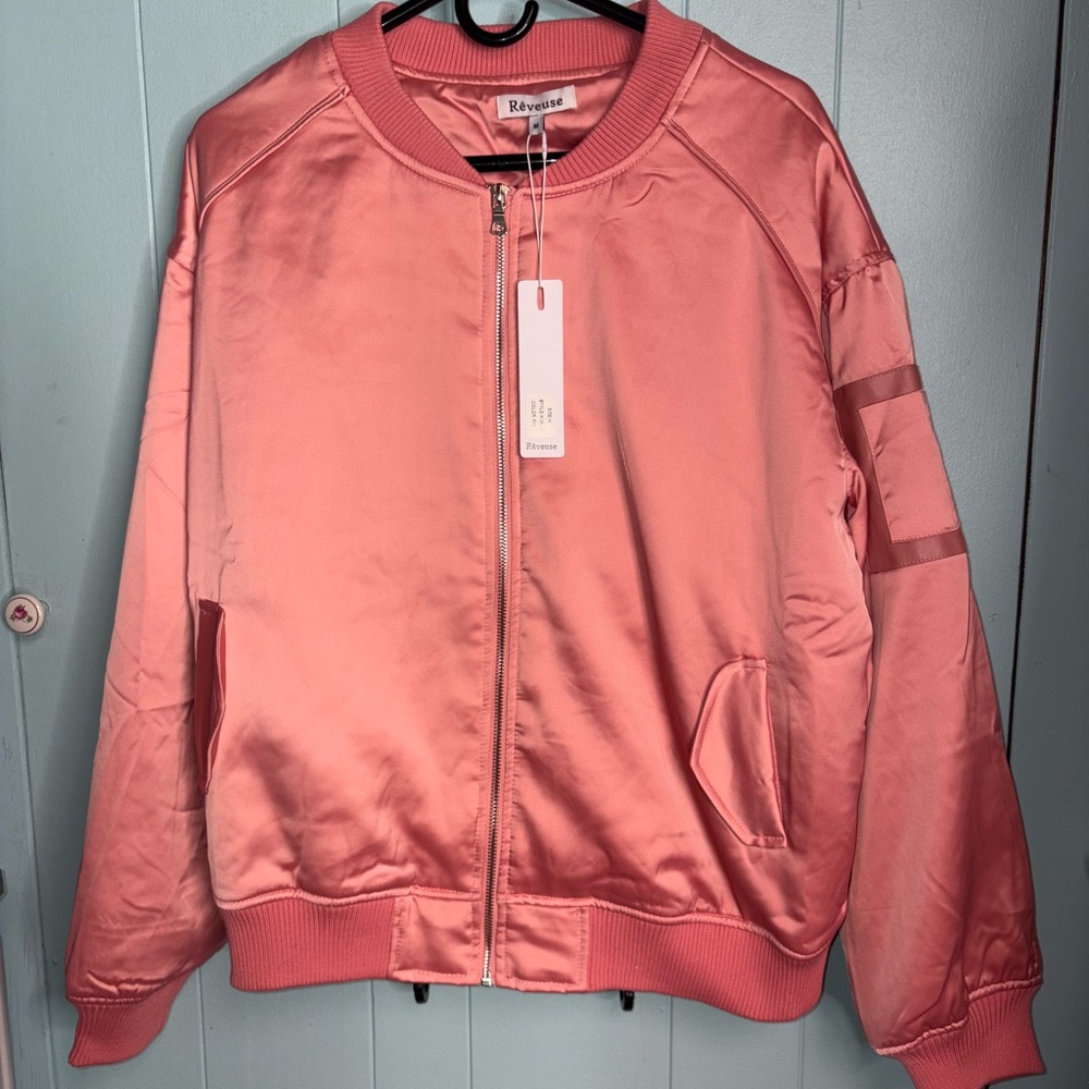Coral Pink Satin Bomber Jacket